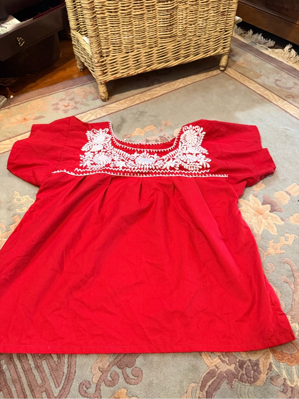 Red Embroidered Girls' Top with White Floral Yoke